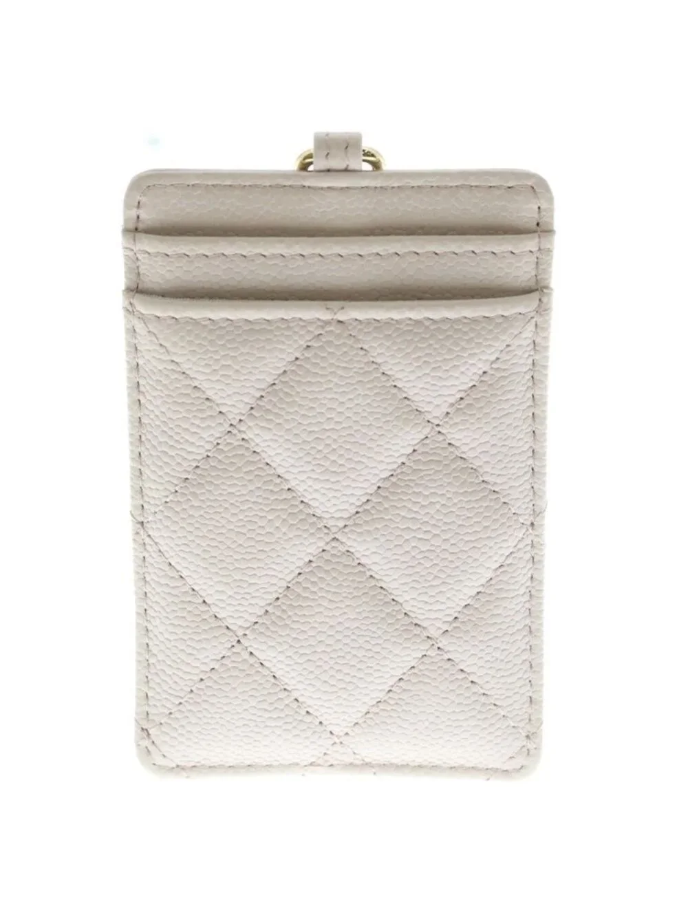 Chanel CC Logo Quilted Caviar Leather Gold Chain Card Slot Pass Case Beige
